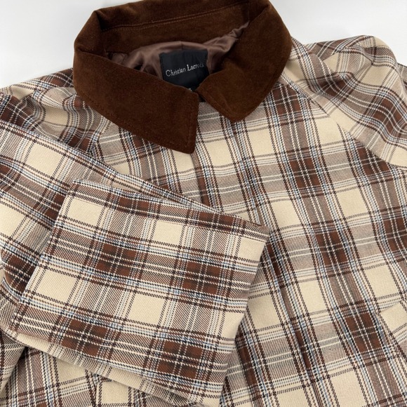 Christian Lacroix Plaid Jacket Brown Beige Blue Suede Collar Women's US 10